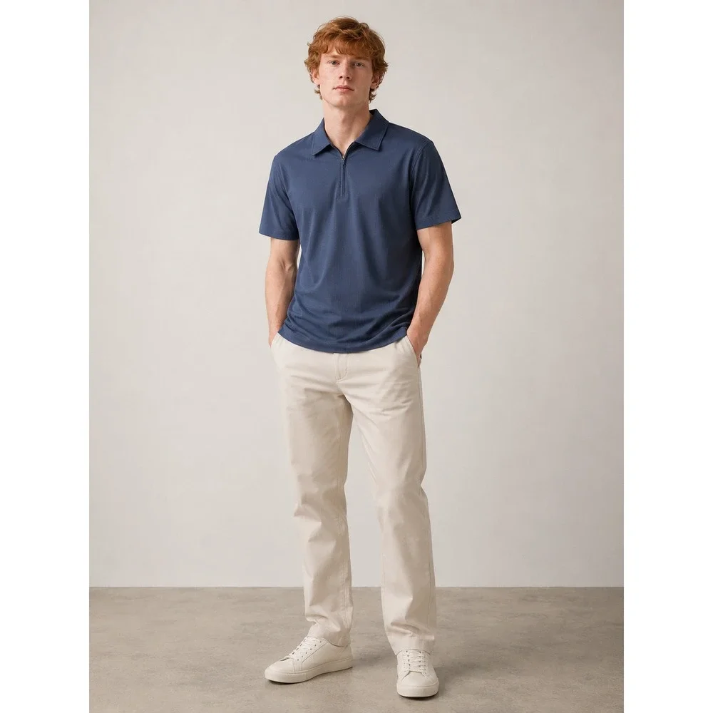 Charles Tyrwhitt Quarter Zip Men's Polo Shirt Navy Blue Cotton/Polyester Medium